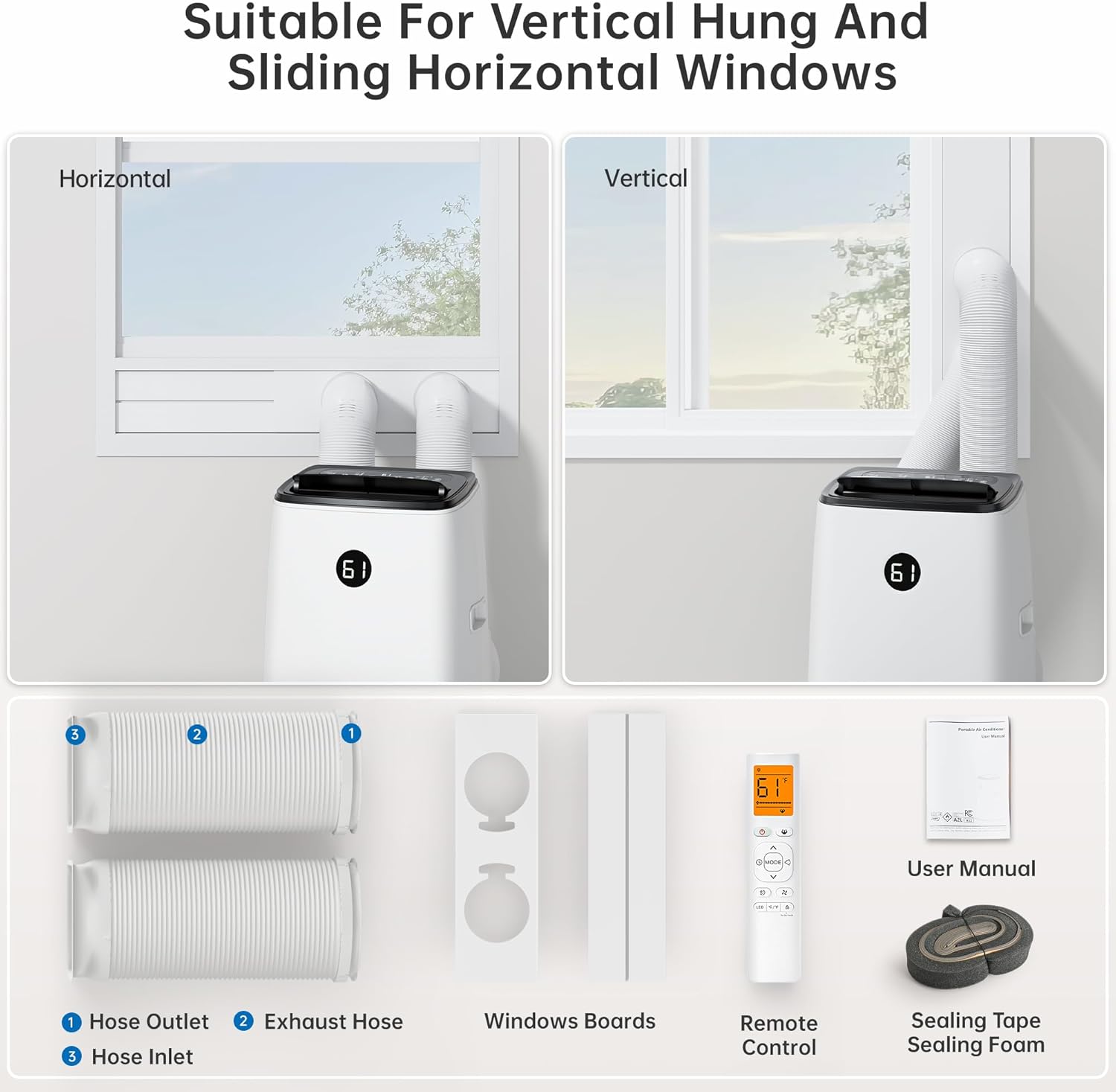 14000BTU Portable Air Conditioners Inverter Technology, Dual Hose Quick Cooling Portable AC Unit for Large Room up to 65 m², with Dehumidifier and