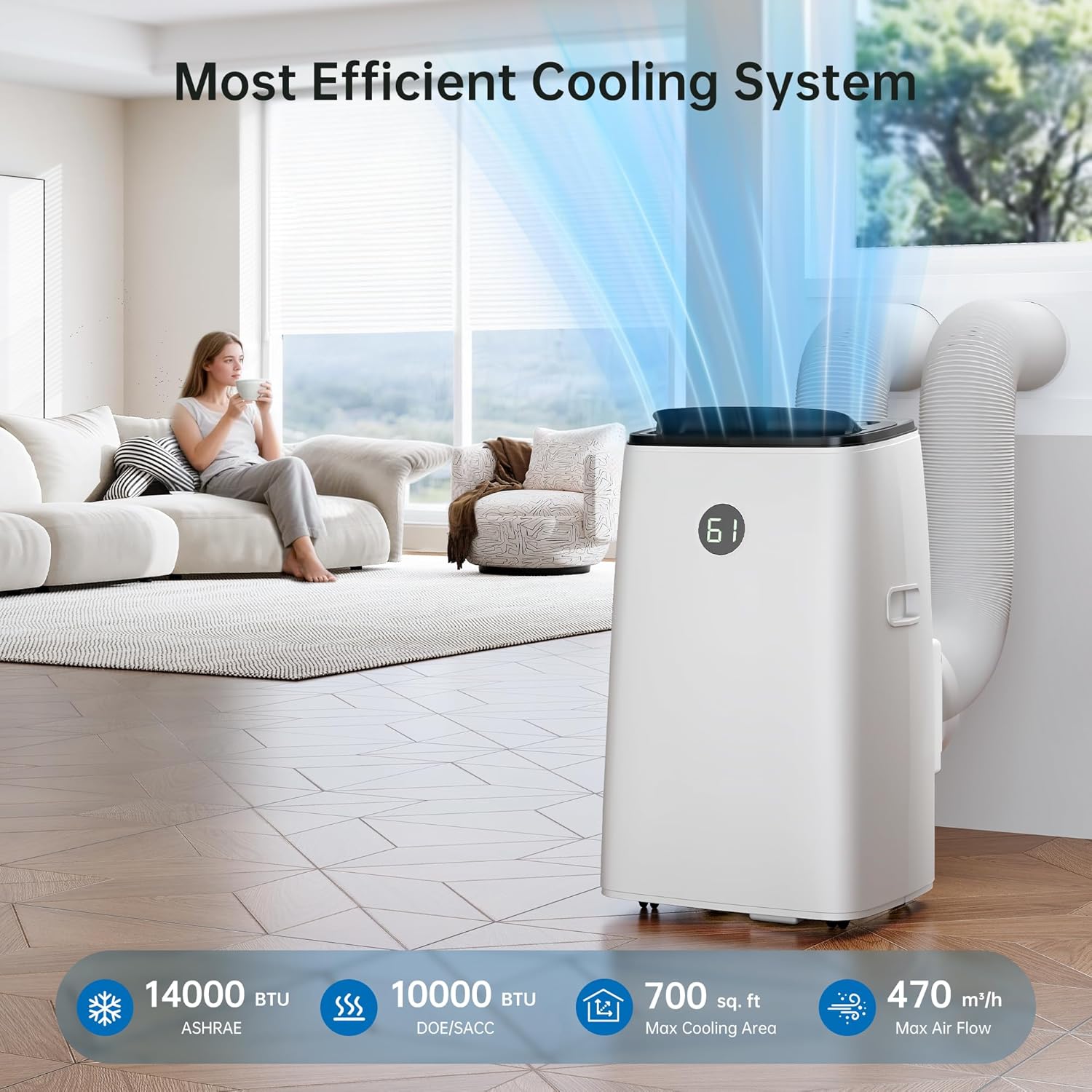 14000BTU Portable Air Conditioners Inverter Technology, Dual Hose Quick Cooling Portable AC Unit for Large Room up to 65 m², with Dehumidifier and