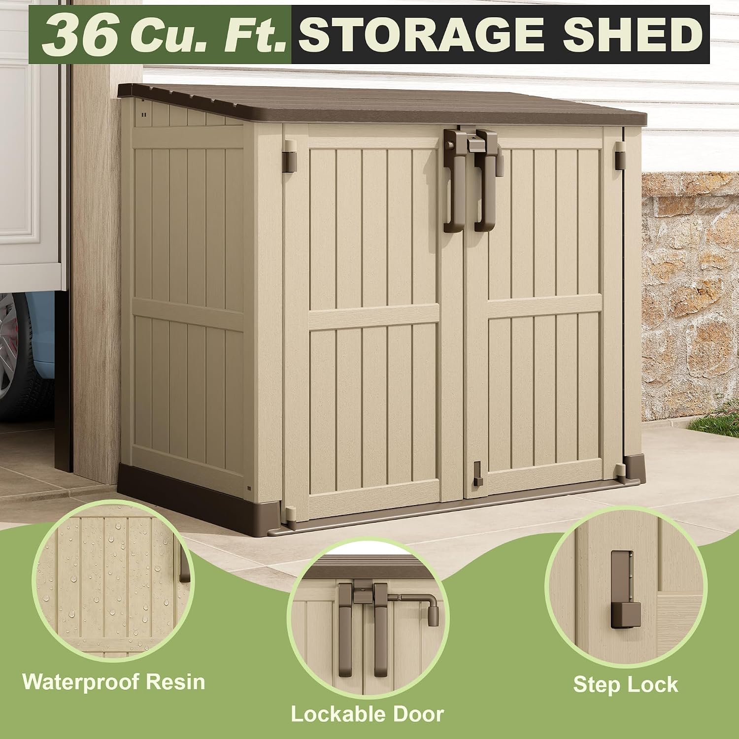 36 Cu Ft Resin Outdoor Storage Shed, Weatherproof Horizontal Outdoor Storage Cabinet with Dual Lock Door for Backyard, Patio, Garage, Garden(Brown-Beige)