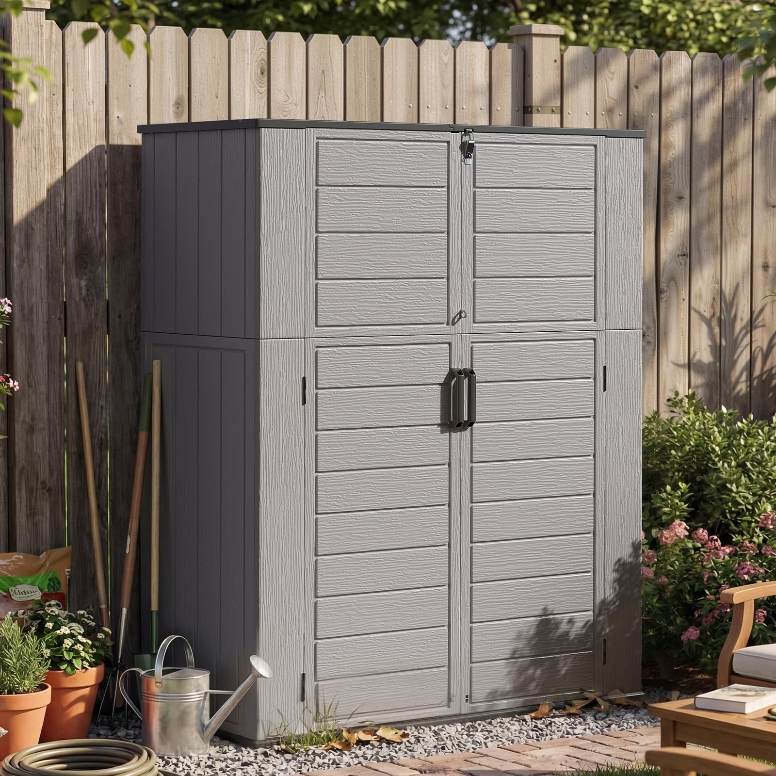 Aoxun 61 Cu.Ft Outdoor Storage Shed, Widened Outdoor Storage Cabinet Waterproof Vertical Resin Shed with Floor for Garden Tools, Pool Equipment, Easy to Assemble(White&Grey)