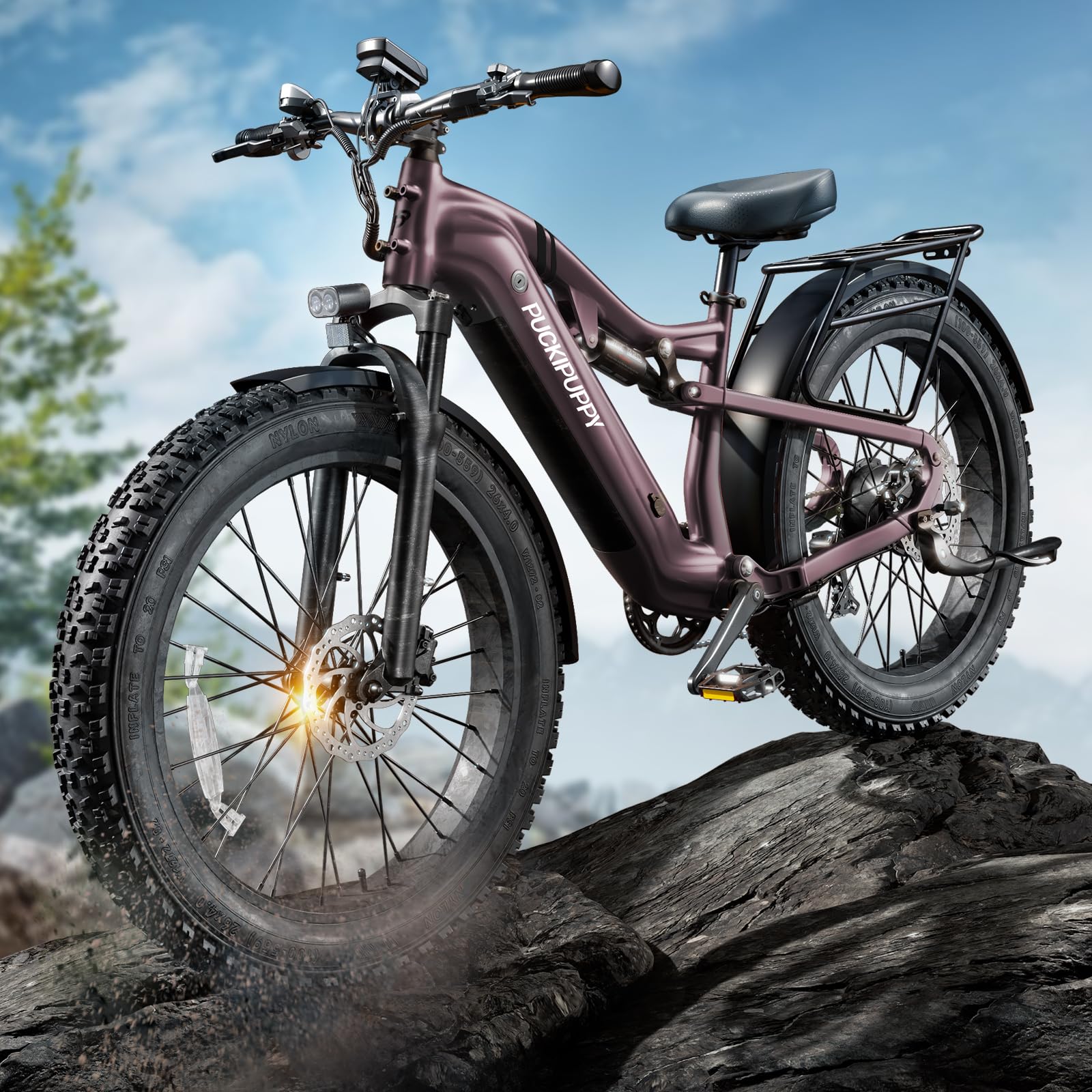 PUCKIPUPPY Electric Bike for Adults 1350W Peak, 28 MPH, 48V 20AH Battery Ebike, 26"x4" Fat Tire Full Suspension Electric Mountain Bike, 80 Miles Range, 8 Speed, Torque Sensor (Labrador Pro)