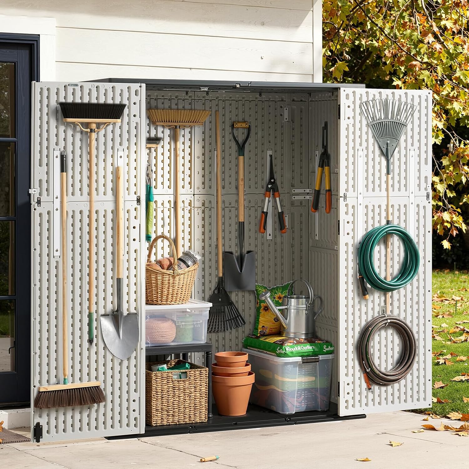 Aoxun 61 Cu.Ft Outdoor Storage Shed, Widened Outdoor Storage Cabinet Waterproof Vertical Resin Shed with Floor for Garden Tools, Pool Equipment, Easy to Assemble(White&Grey)