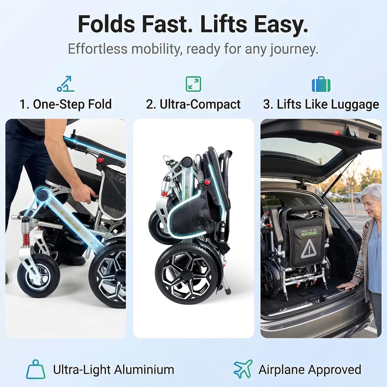 Free to Be Ultra Lightweight Folding Electric Wheelchair Aluminium | Compact Powerchair 20kg Travel Transit Mobility Equipment Silver UK Seller