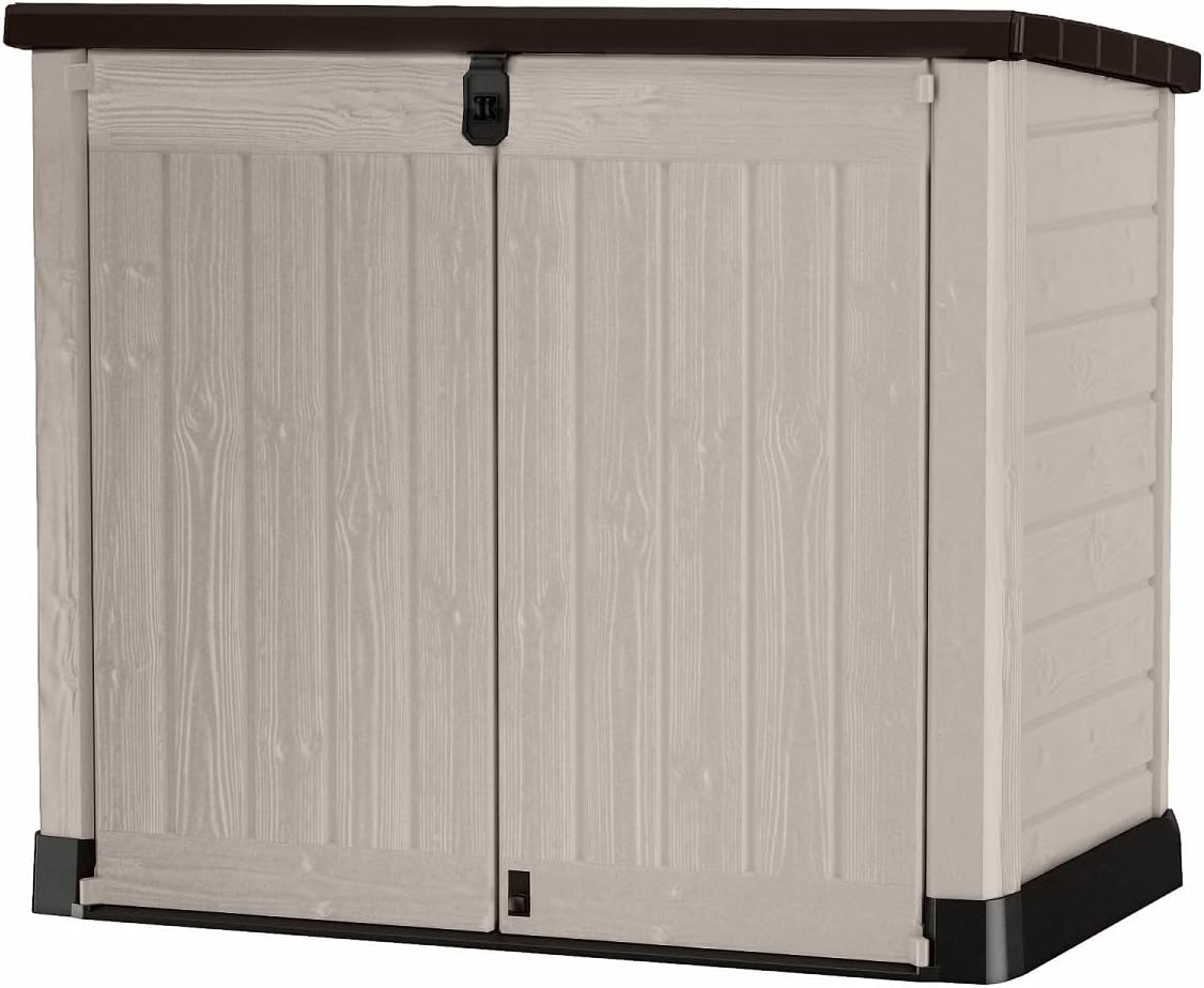 Keter Store It Out Pro Outdoor Garden Furniture Storage Shed Beige with Brown Lid Fade Free All Weather Resistant Safe and Secure Zero Maintenance 5 year Warranty