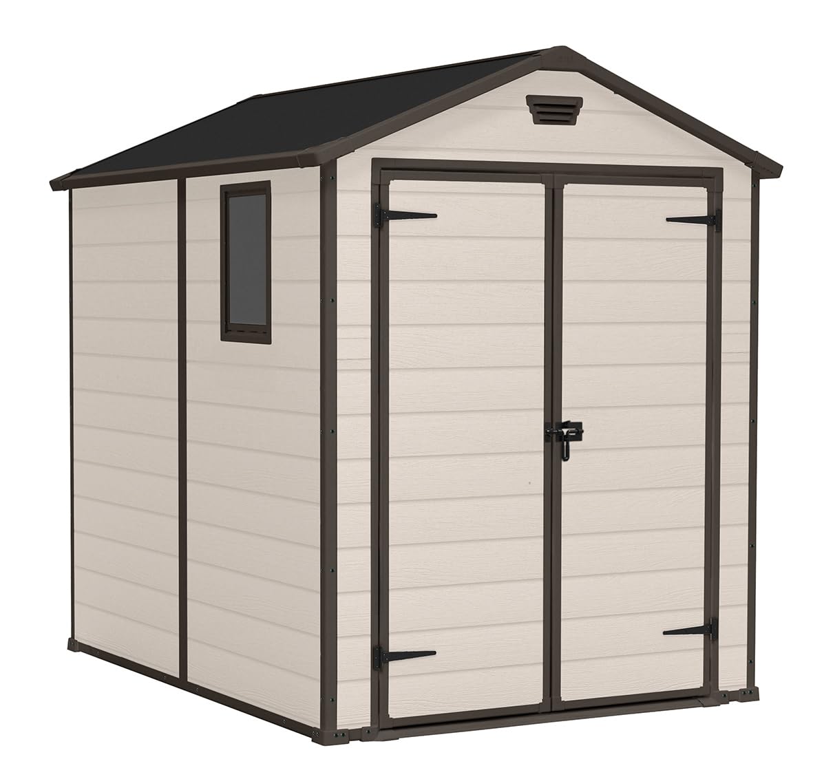 Keter, Manor Apex 6 x 5 ft Outdoor Garden Storage Shed, elegant wood-effect double door design for easy access, durable fade-free resin with window and floor panel for secure storage, Beige and Brown