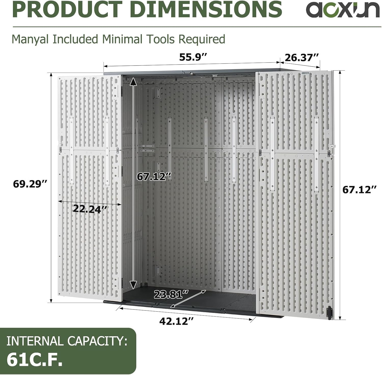Aoxun 61 Cu.Ft Outdoor Storage Shed, Widened Outdoor Storage Cabinet Waterproof Vertical Resin Shed with Floor for Garden Tools, Pool Equipment, Easy to Assemble(White&Grey)