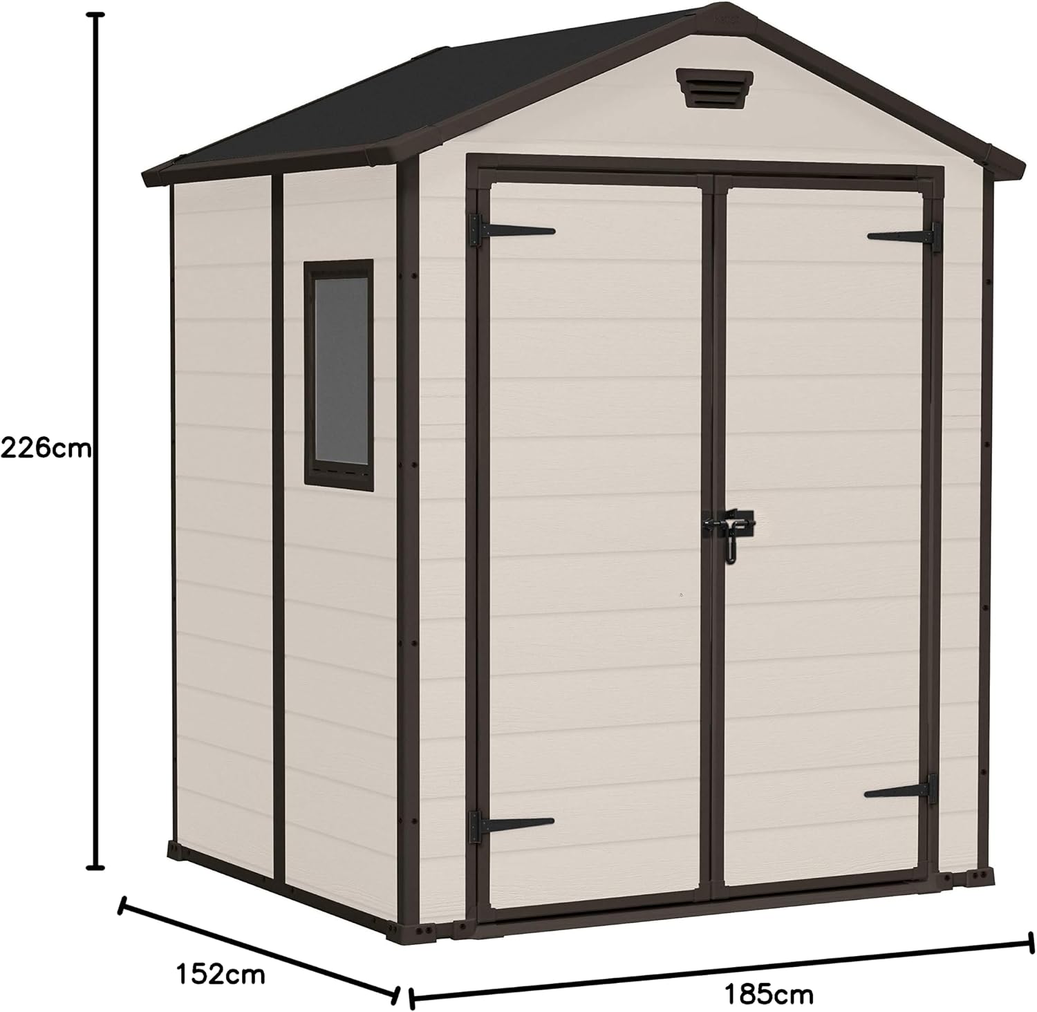 Keter, Manor Apex 6 x 5 ft Outdoor Garden Storage Shed, elegant wood-effect double door design for easy access, durable fade-free resin with window and floor panel for secure storage, Beige and Brown