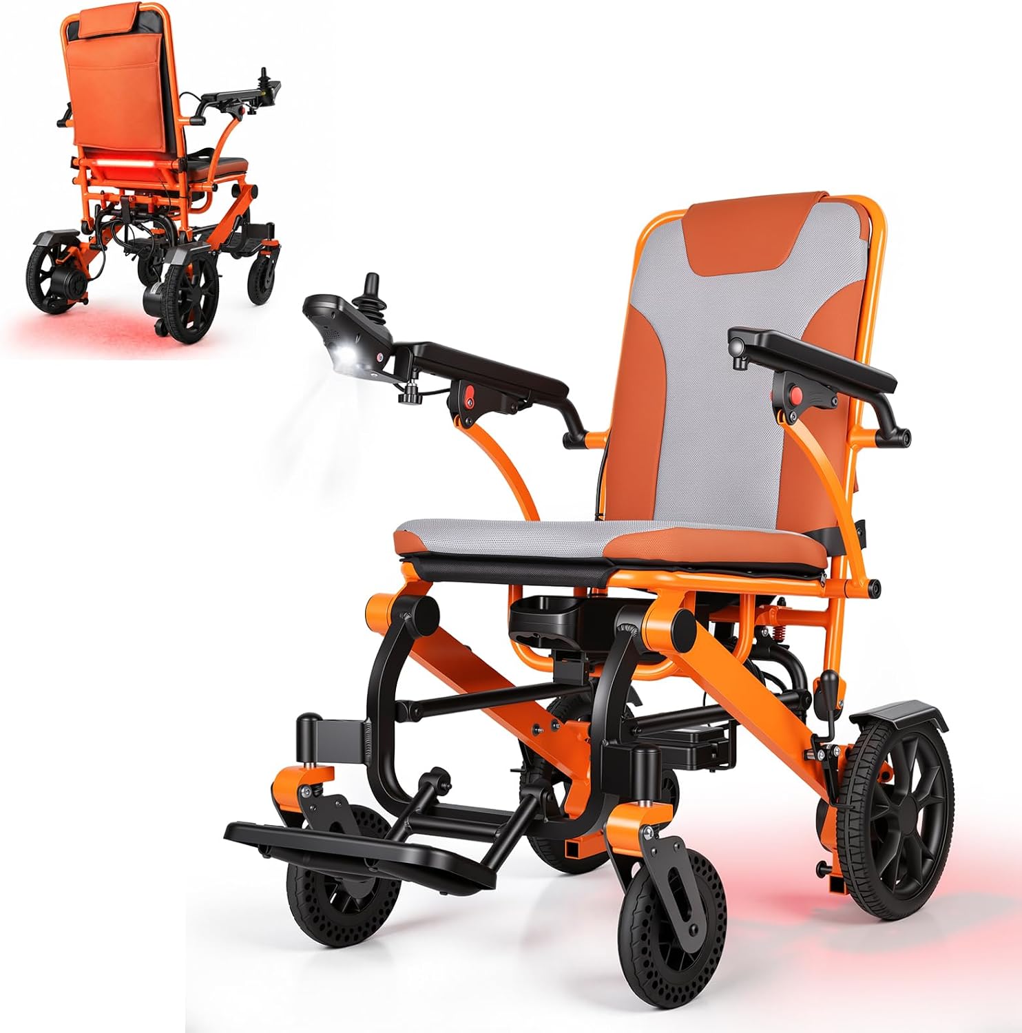 Electric Wheelchair,Adult Elderly Lightweight Travel Powerchair,12Ah Lithium Battery,600W Power Output,264 Lbs Load,Only 48 Lbs,LCD Screen Controller,Built-in LED Light (Orange)