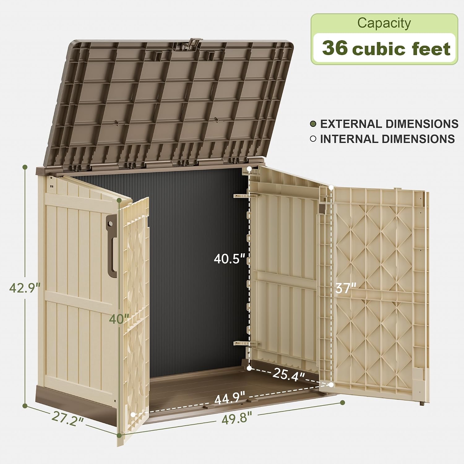 36 Cu Ft Resin Outdoor Storage Shed, Weatherproof Horizontal Outdoor Storage Cabinet with Dual Lock Door for Backyard, Patio, Garage, Garden(Brown-Beige)