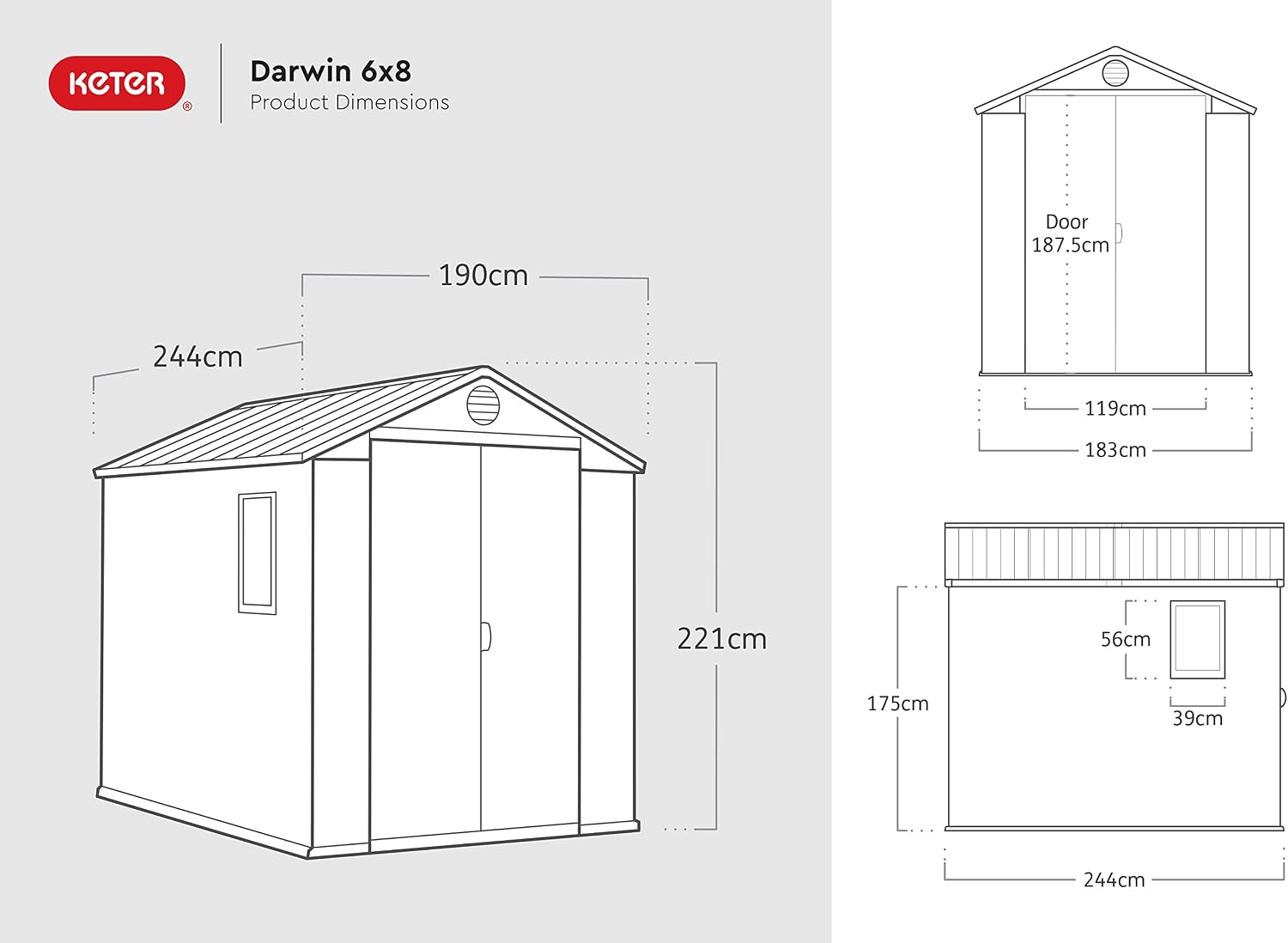 Keter Darwin Outdoor Apex Double Door Garden Storage Shed 6 x 8ft Grey Evotech+ Wood Look and Feel | Fade Free | All Weather Resistant | Safe and Secure | Zero Maintenance | 15 year Warranty