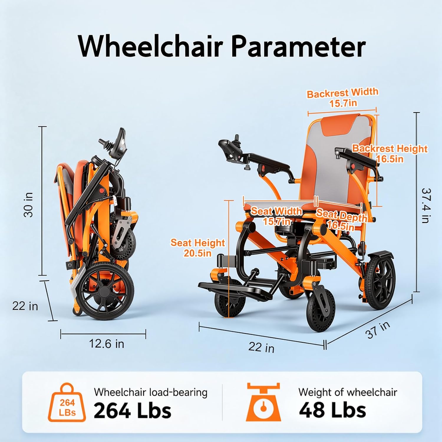 Electric Wheelchair,Adult Elderly Lightweight Travel Powerchair,12Ah Lithium Battery,600W Power Output,264 Lbs Load,Only 48 Lbs,LCD Screen Controller,Built-in LED Light (Orange)