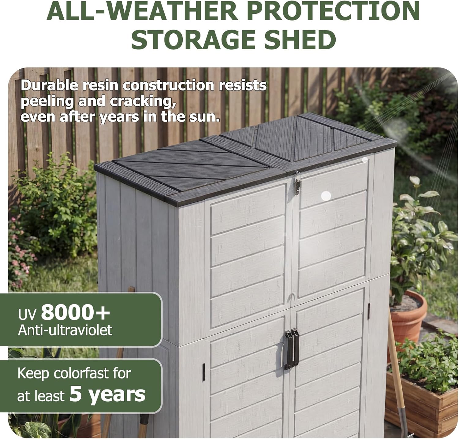 Aoxun 61 Cu.Ft Outdoor Storage Shed, Widened Outdoor Storage Cabinet Waterproof Vertical Resin Shed with Floor for Garden Tools, Pool Equipment, Easy to Assemble(White&Grey)