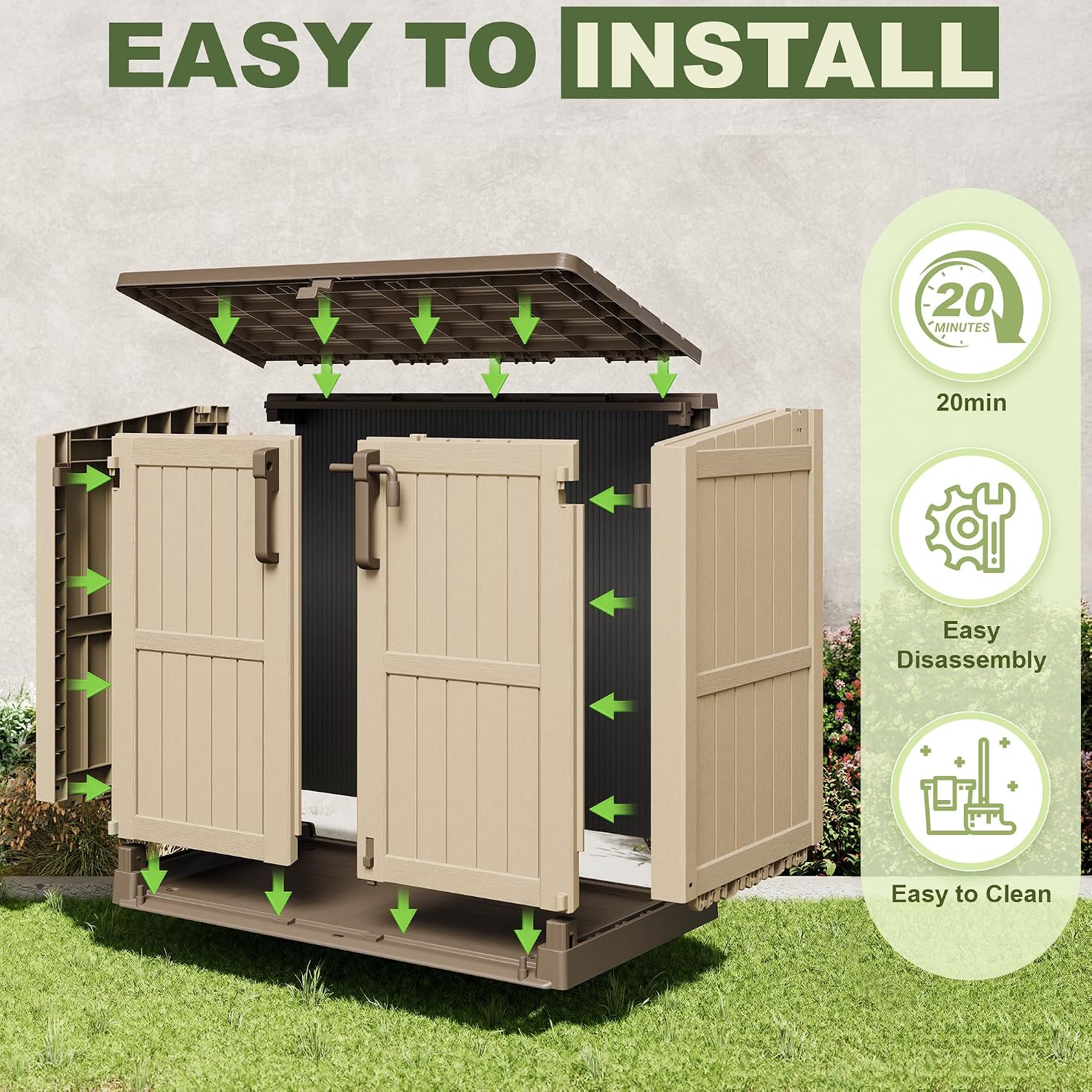 36 Cu Ft Resin Outdoor Storage Shed, Weatherproof Horizontal Outdoor Storage Cabinet with Dual Lock Door for Backyard, Patio, Garage, Garden(Brown-Beige)