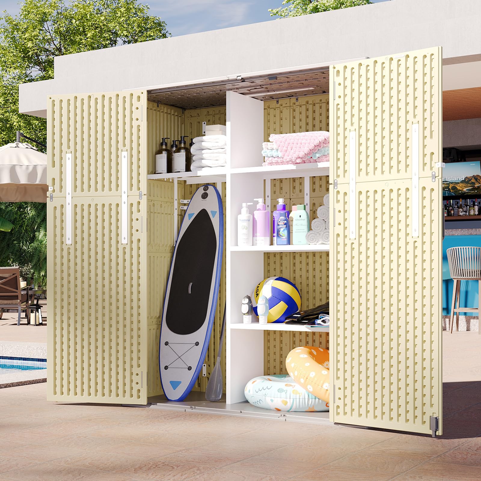 Aoxun 61 Cu.Ft Outdoor Storage Shed, Widened Outdoor Storage Cabinet Waterproof Vertical Resin Shed with Floor for Garden Tools, Pool Equipment, Easy to Assemble(White&Grey)