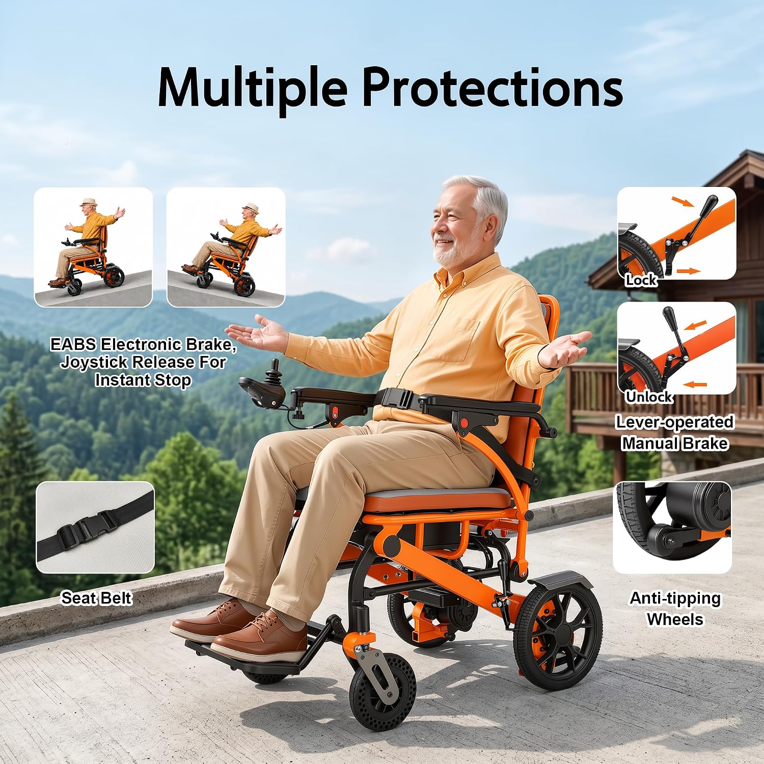 Electric Wheelchair,Adult Elderly Lightweight Travel Powerchair,12Ah Lithium Battery,600W Power Output,264 Lbs Load,Only 48 Lbs,LCD Screen Controller,Built-in LED Light (Orange)