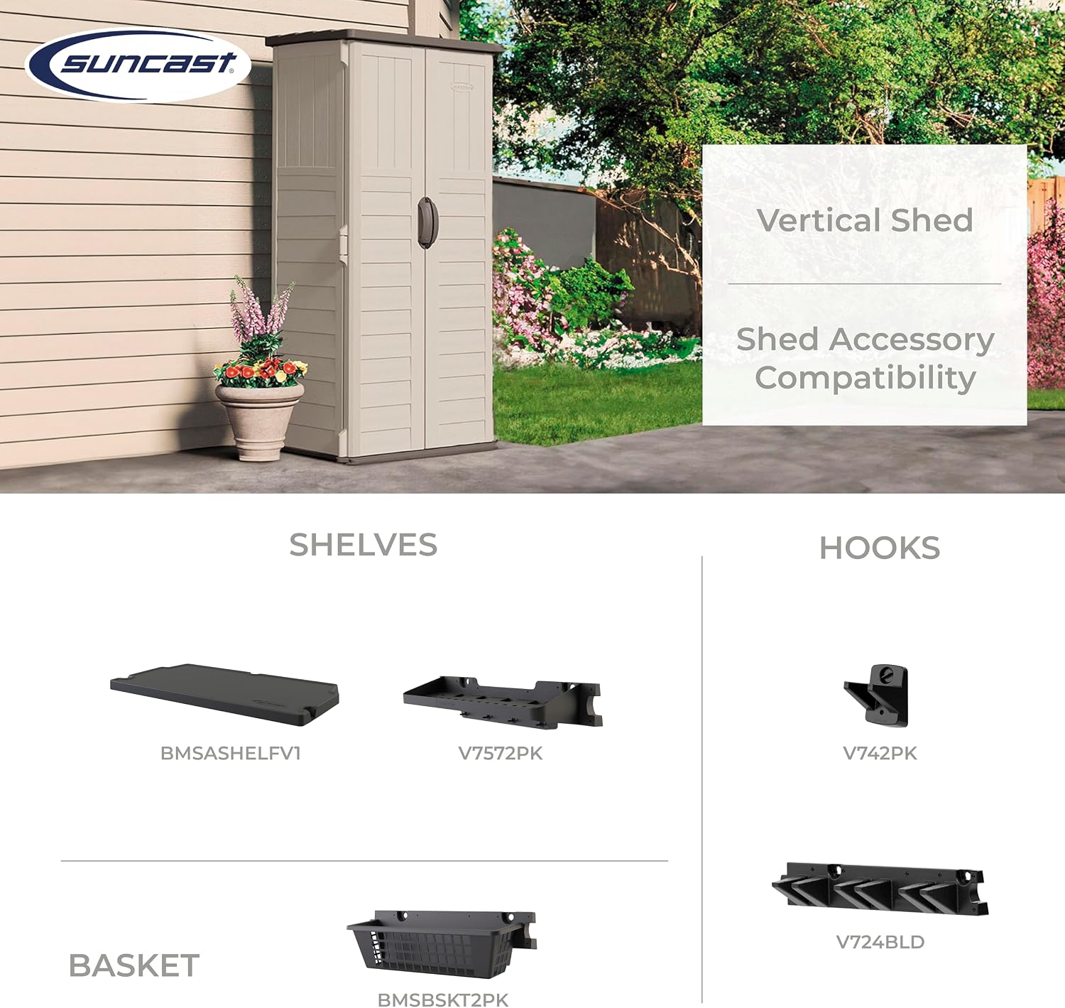 Suncast Vertical Outdoor Storage Shed with All-Weather Construction, Vanilla