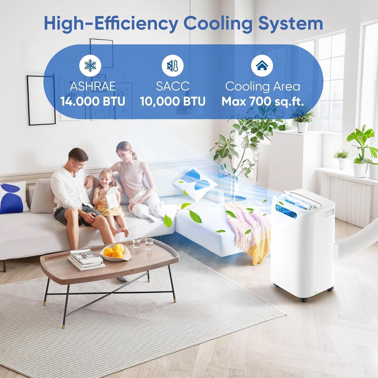 14000 BTU Portable Air Conditioner with Cooling, Fan & Dehumidifier, Remote Control, Sleep Mode, White