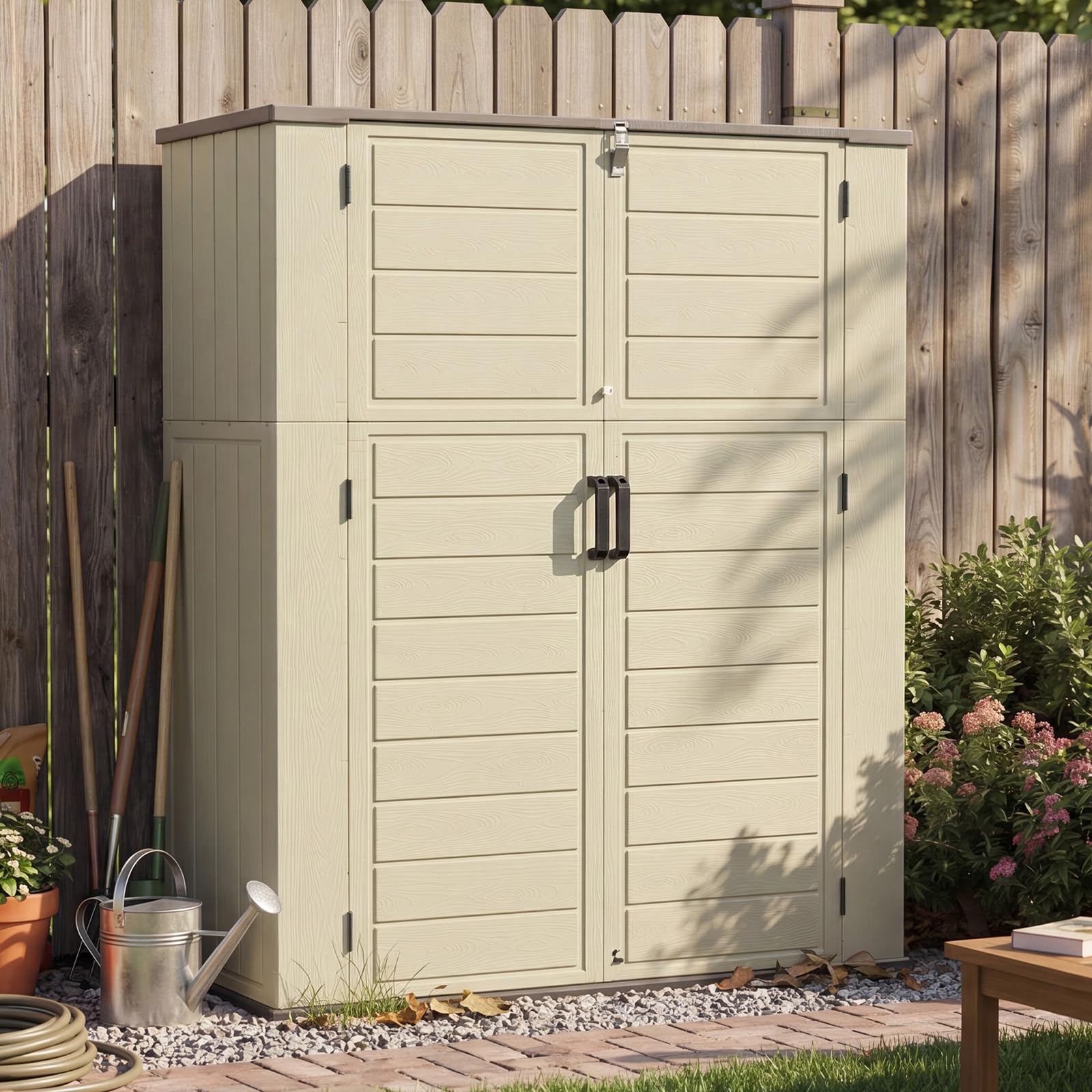 Aoxun 61 Cu.Ft Outdoor Storage Shed, Widened Outdoor Storage Cabinet Waterproof Vertical Resin Shed with Floor for Garden Tools, Pool Equipment, Easy to Assemble(White&Grey)