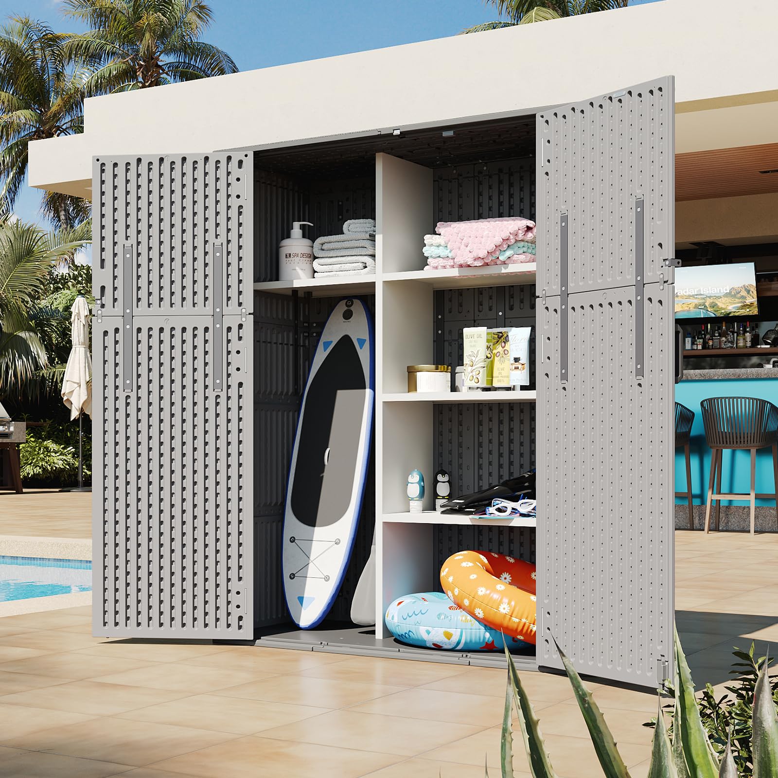 Aoxun 61 Cu.Ft Outdoor Storage Shed, Widened Outdoor Storage Cabinet Waterproof Vertical Resin Shed with Floor for Garden Tools, Pool Equipment, Easy to Assemble(White&Grey)