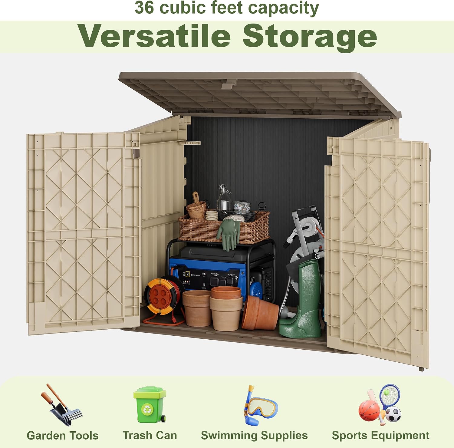 36 Cu Ft Resin Outdoor Storage Shed, Weatherproof Horizontal Outdoor Storage Cabinet with Dual Lock Door for Backyard, Patio, Garage, Garden(Brown-Beige)