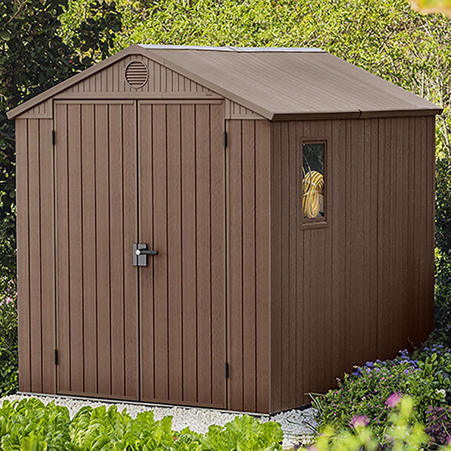 Keter Darwin 6x8ft Outdoor Resin Garden Shed – Brown Evotech+ Wood-Look | Waterproof Resin Storage for Tools & Bikes | Double Doors | Lockable | 15 Yr Warranty | Zero Maintenance