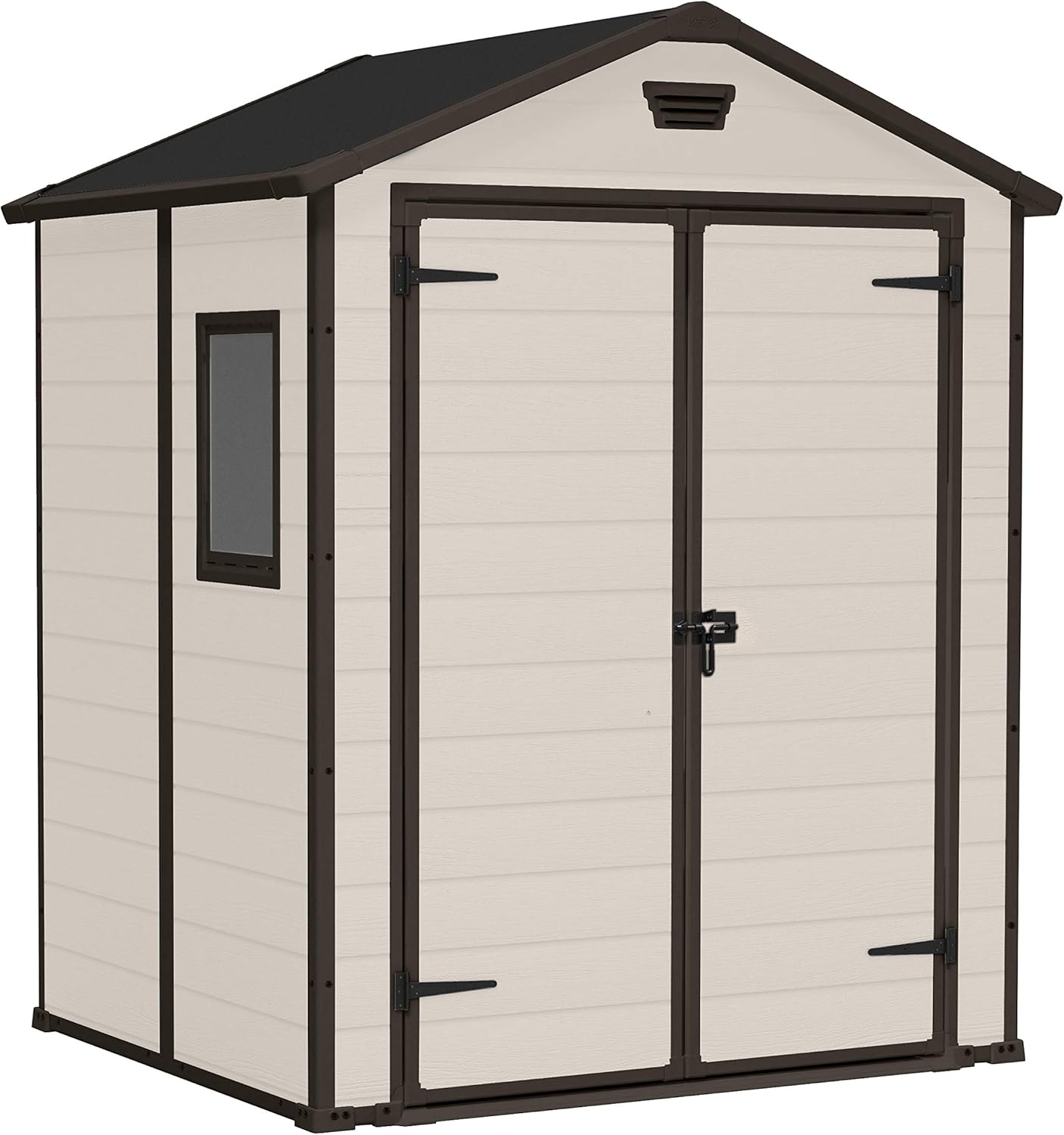 Keter, Manor Apex 6 x 5 ft Outdoor Garden Storage Shed, elegant wood-effect double door design for easy access, durable fade-free resin with window and floor panel for secure storage, Beige and Brown