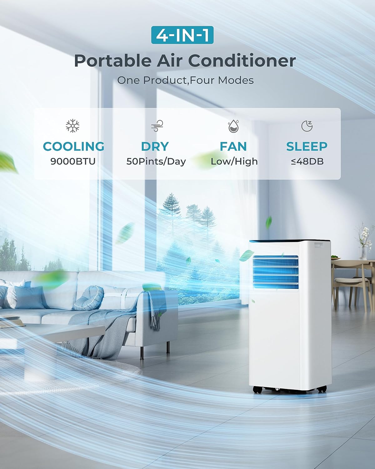 4-in-1 Portable Air Conditioner – Cooling, Dehumidifier, Fan & Sleep Mode – Remote Control – 9000 BTU – For Rooms up to 20㎡