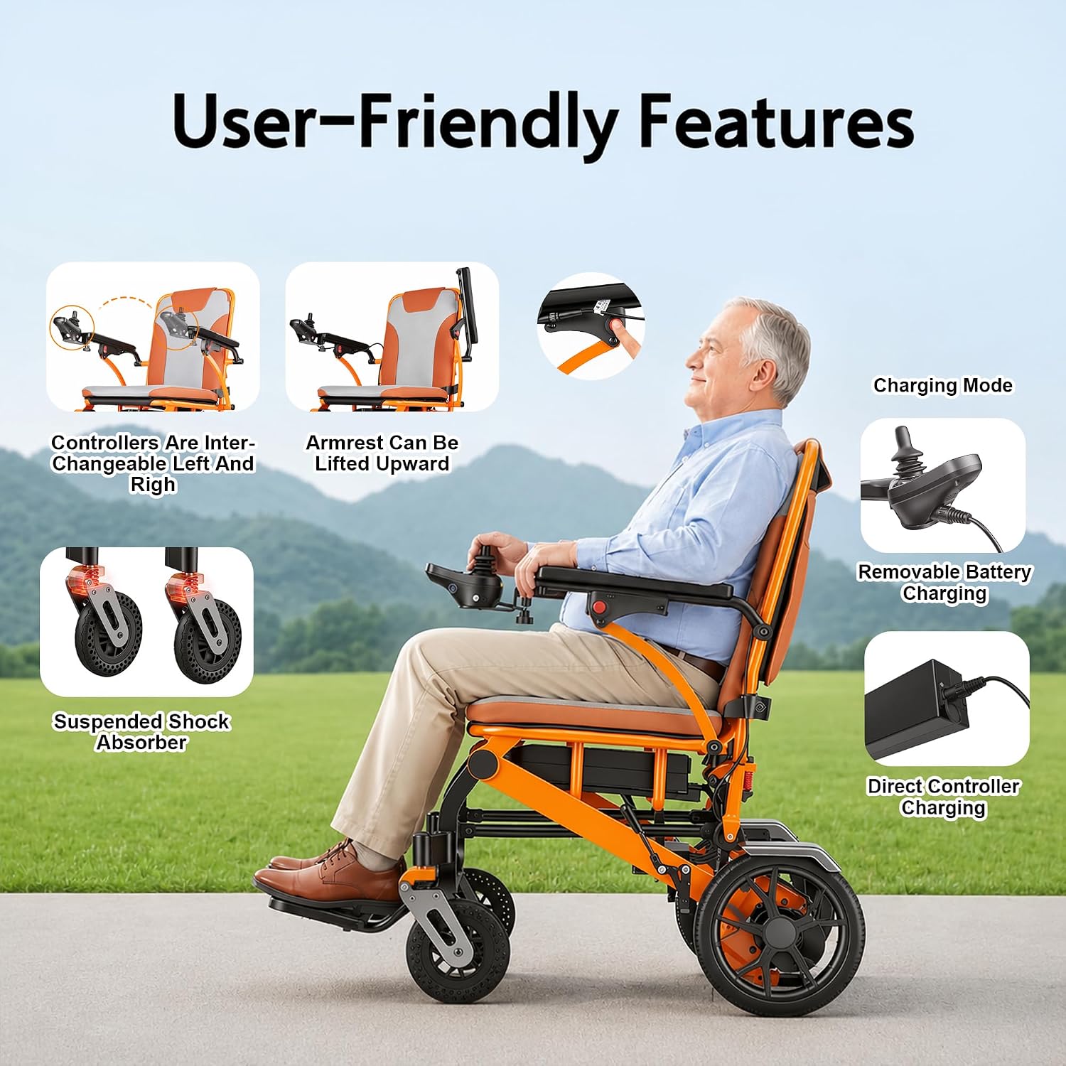 Electric Wheelchair,Adult Elderly Lightweight Travel Powerchair,12Ah Lithium Battery,600W Power Output,264 Lbs Load,Only 48 Lbs,LCD Screen Controller,Built-in LED Light (Orange)