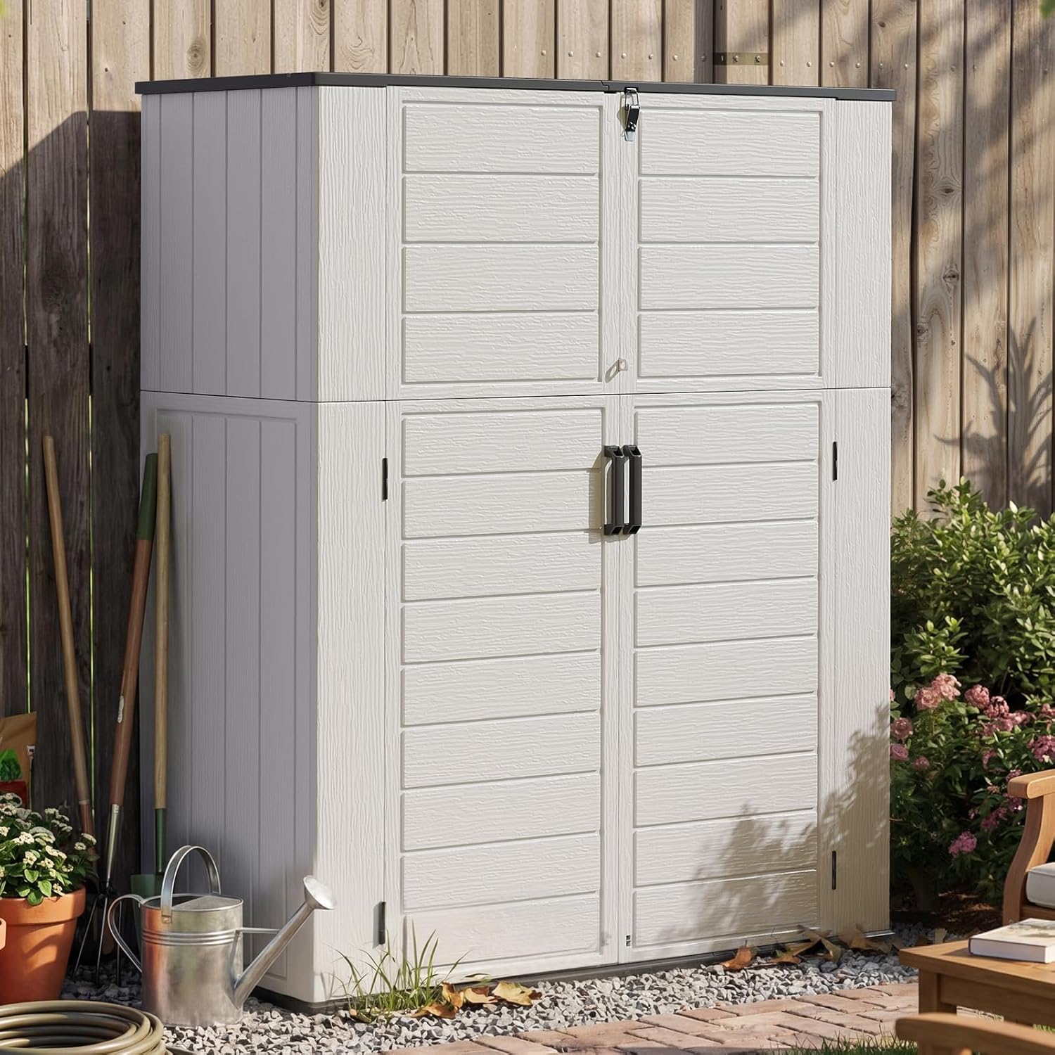Aoxun 61 Cu.Ft Outdoor Storage Shed, Widened Outdoor Storage Cabinet Waterproof Vertical Resin Shed with Floor for Garden Tools, Pool Equipment, Easy to Assemble(White&Grey)