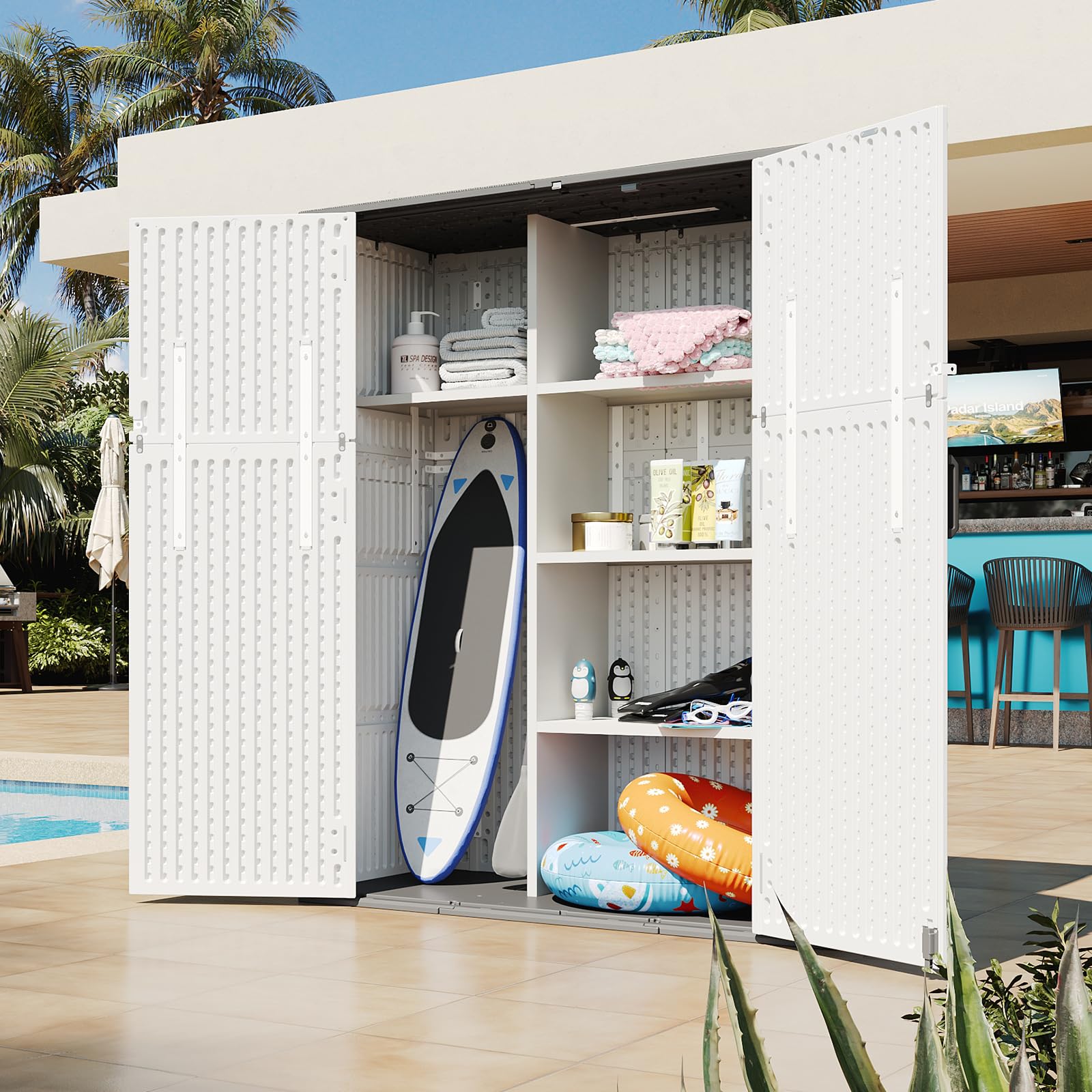 Aoxun 61 Cu.Ft Outdoor Storage Shed, Widened Outdoor Storage Cabinet Waterproof Vertical Resin Shed with Floor for Garden Tools, Pool Equipment, Easy to Assemble(White&Grey)