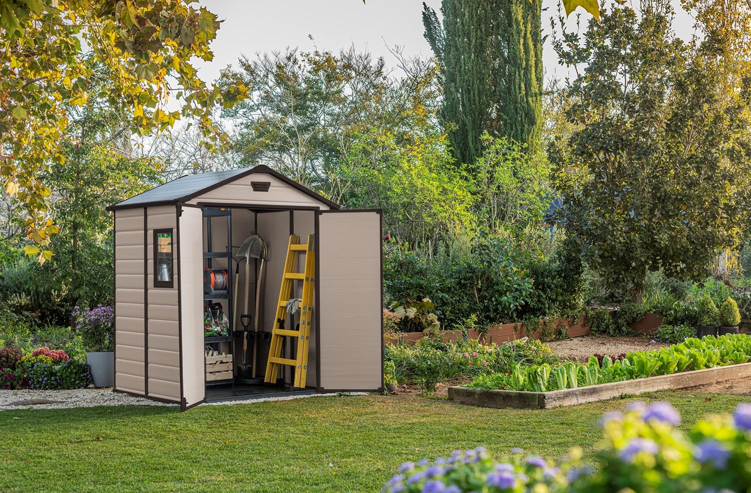 Keter, Manor Apex 6 x 5 ft Outdoor Garden Storage Shed, elegant wood-effect double door design for easy access, durable fade-free resin with window and floor panel for secure storage, Beige and Brown
