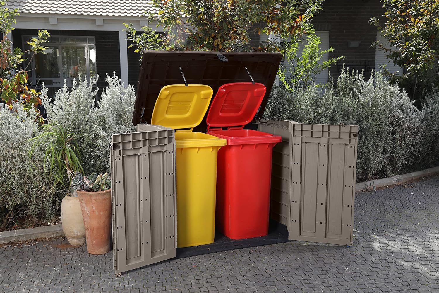 Keter Store It Out Pro Outdoor Garden Furniture Storage Shed Beige with Brown Lid Fade Free All Weather Resistant Safe and Secure Zero Maintenance 5 year Warranty