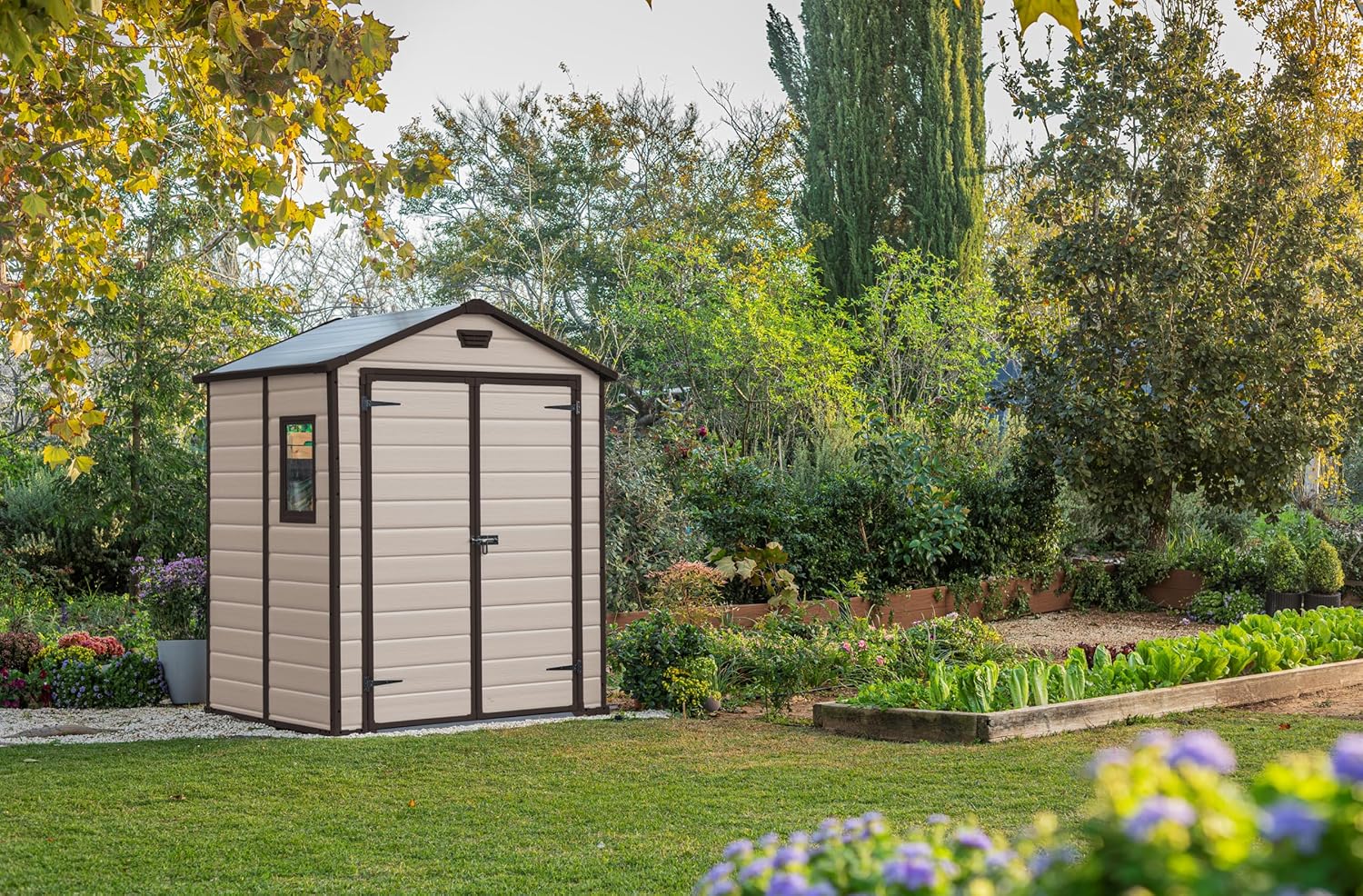 Keter, Manor Apex 6 x 5 ft Outdoor Garden Storage Shed, elegant wood-effect double door design for easy access, durable fade-free resin with window and floor panel for secure storage, Beige and Brown
