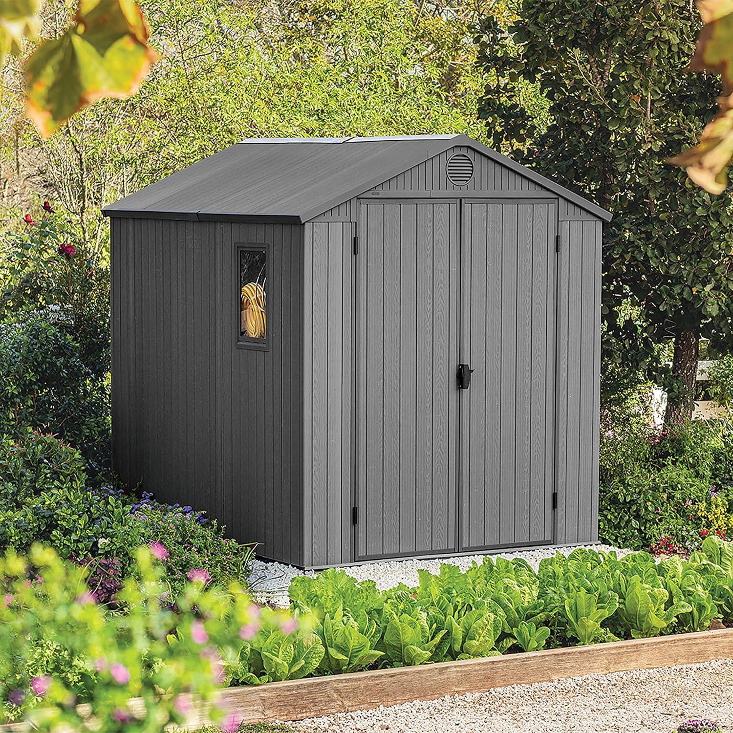 Keter Darwin Outdoor Apex Double Door Garden Storage Shed 6 x 8ft Grey Evotech+ Wood Look and Feel | Fade Free | All Weather Resistant | Safe and Secure | Zero Maintenance | 15 year Warranty